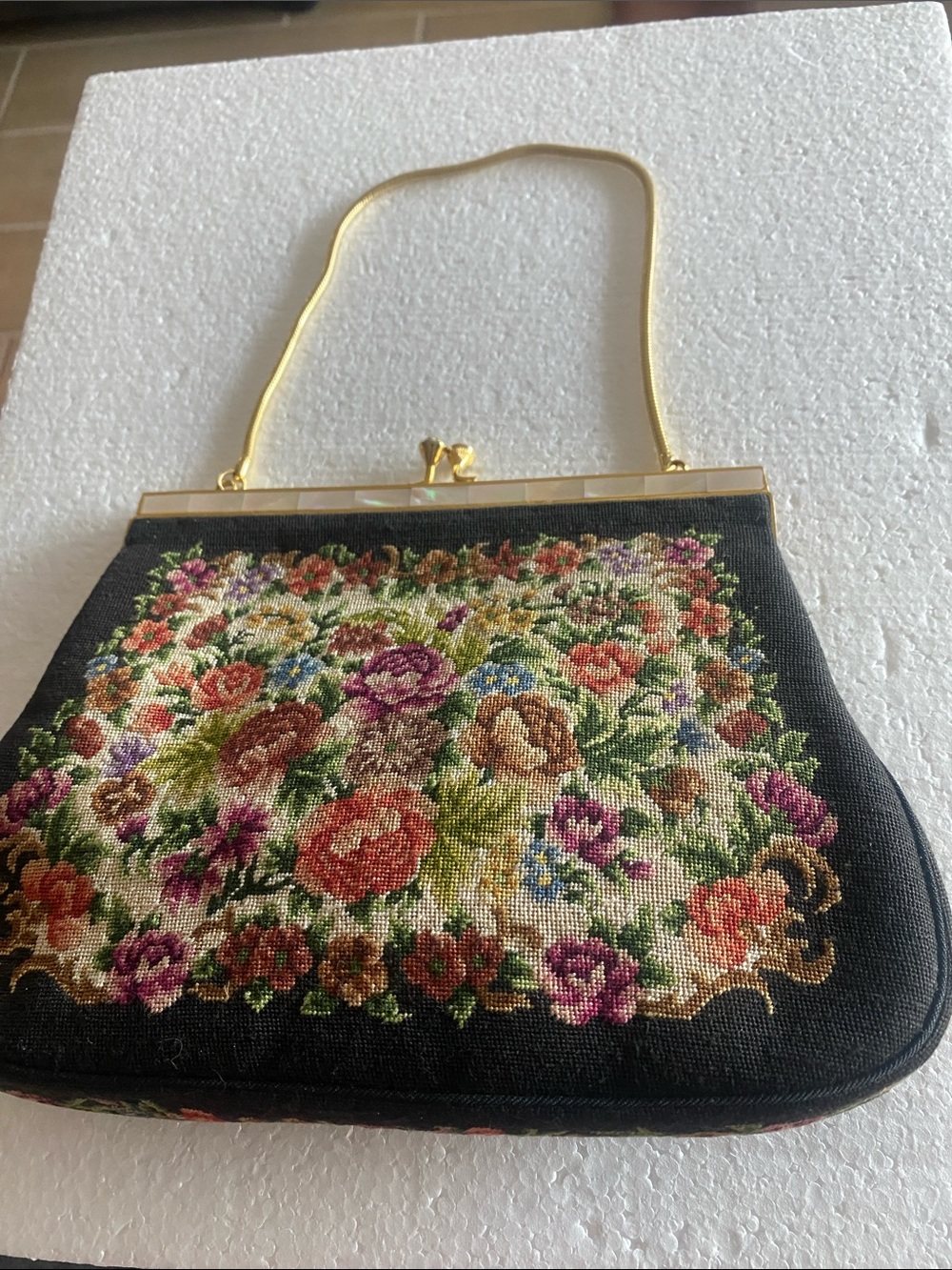 Vintage Floral Needlepoint Evening Bag with Gold Frame - Black